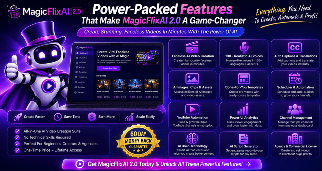 MagicFlixAI 2.0 features including AI video creation, voiceovers, captions, templates, scheduling, analytics, channel management, and automation