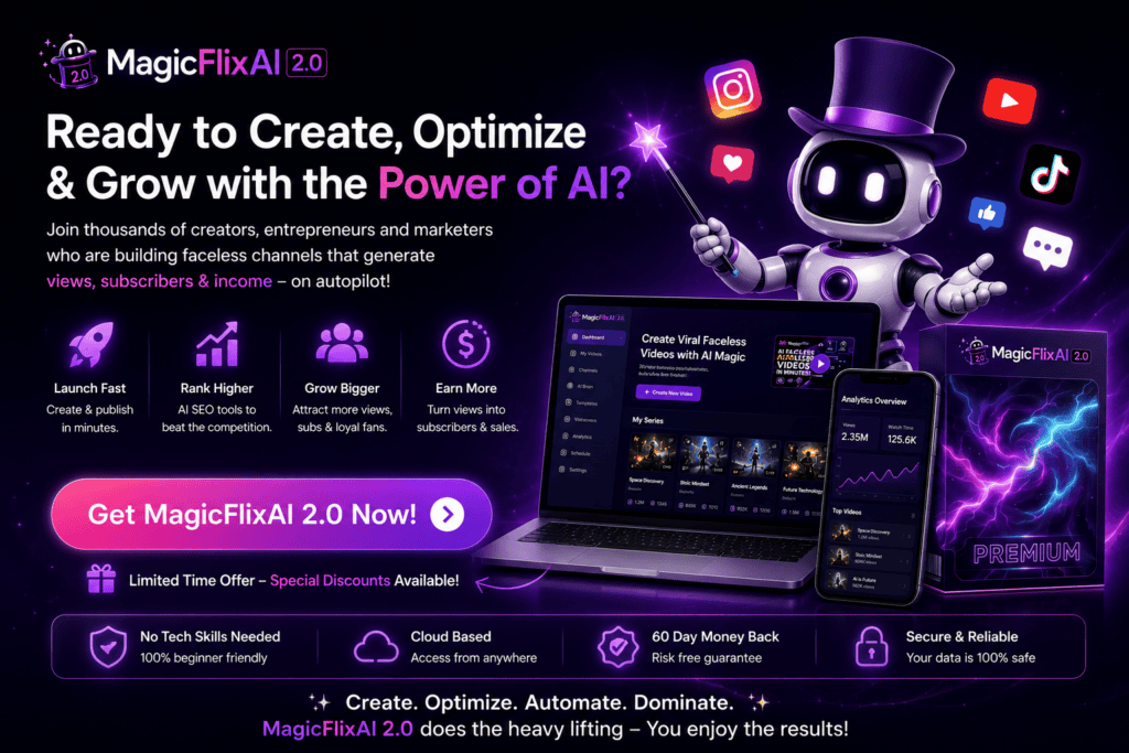 MagicFlixAI 2.0 final CTA banner with AI video creation, channel growth, automation, analytics, and faceless content tools