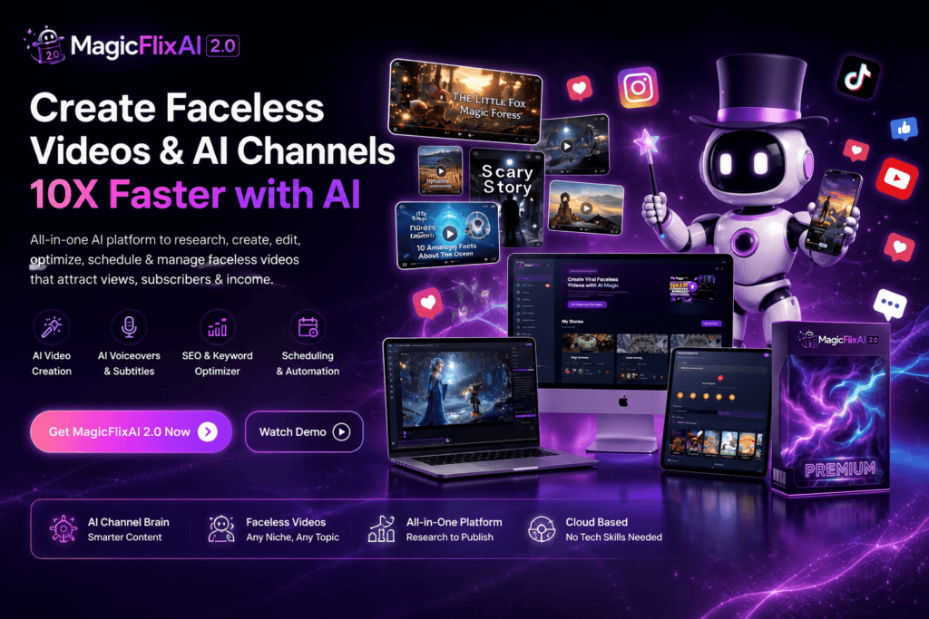 MagicFlixAI 2.0 AI faceless video and channel creation platform with video tools, voiceovers, SEO, scheduling, and automation