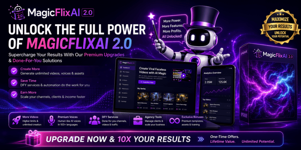 MagicFlixAI 2.0 OTO hero banner showing premium upgrades, agency tools, AI voices, unlimited video creation, and bonus features