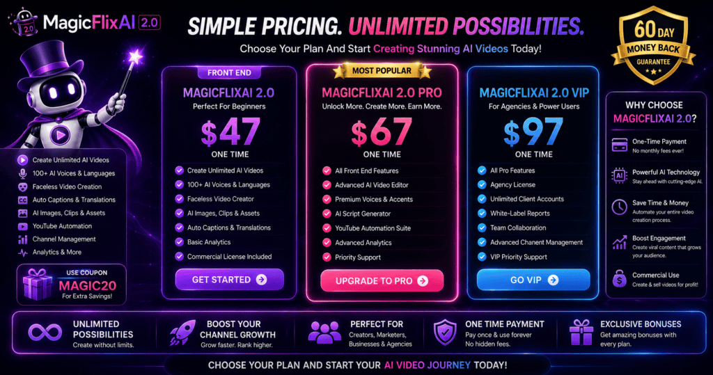 MagicFlixAI 2.0 pricing page showing front-end price, upgrade plans, AI video features, agency tools, and purchase options